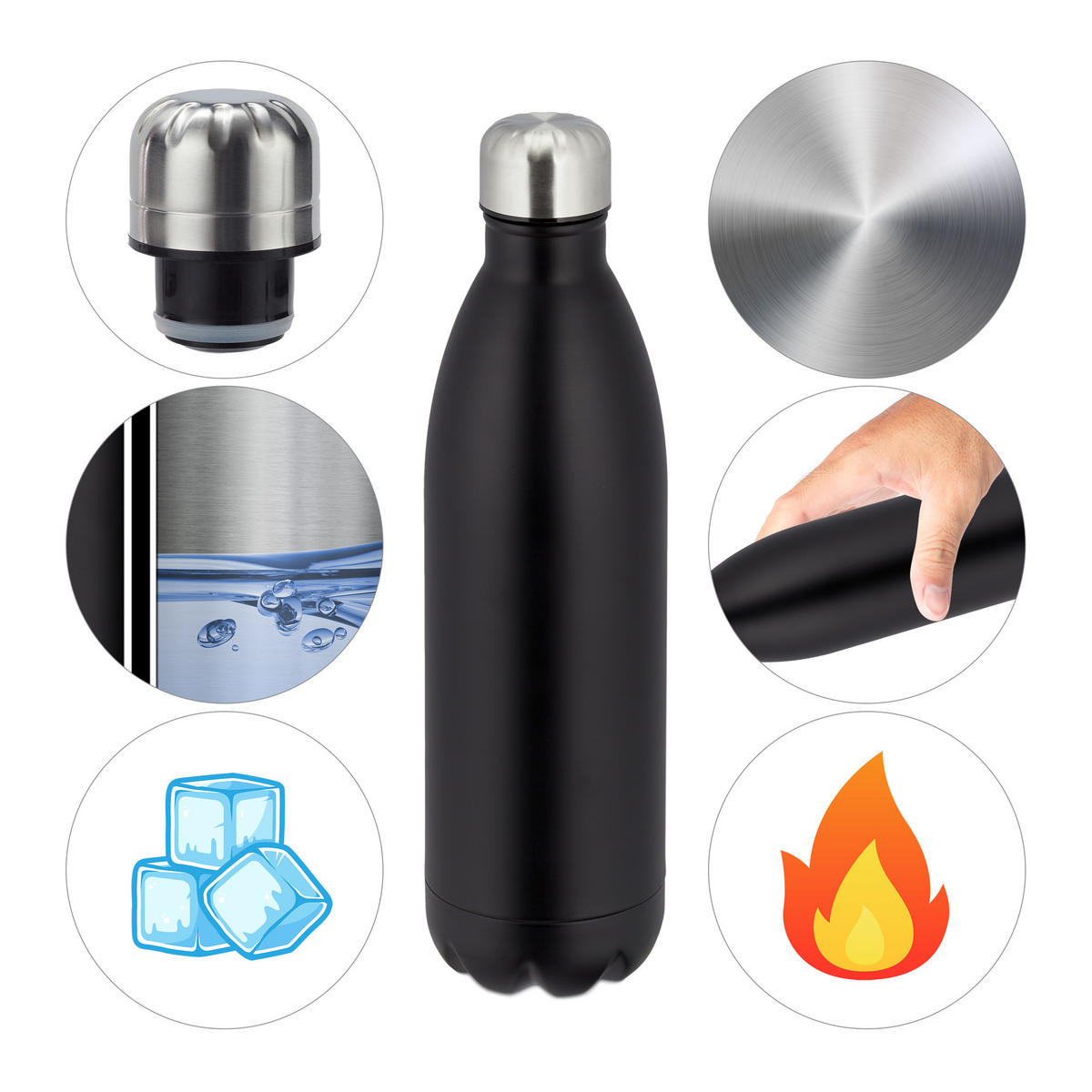 TRINKFLASCHE 1l - Schwarz, Kunststoff/Metall (1L) - Relaxdays