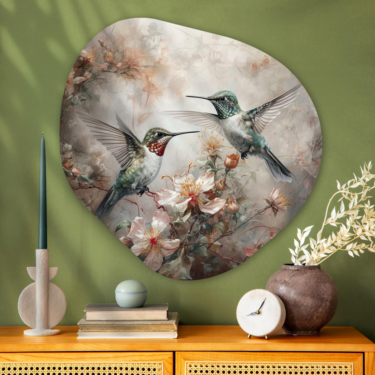 WANDBILD Kolibri - Vögel - Blumen - Pflanzen 90x90 cm - Hellgrün, Kunststoff (90/90cm) - MuchoWow