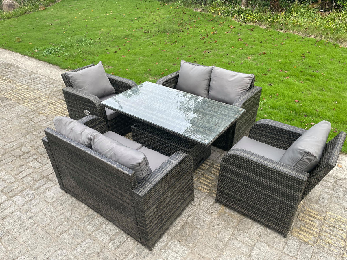 GARTENMÖBEL-SET Polyrattan 6-Sitzer mit höhenverstellbaren Tisch - Dunkelgrau/Grau, Glas/Kunststoff - Fimous