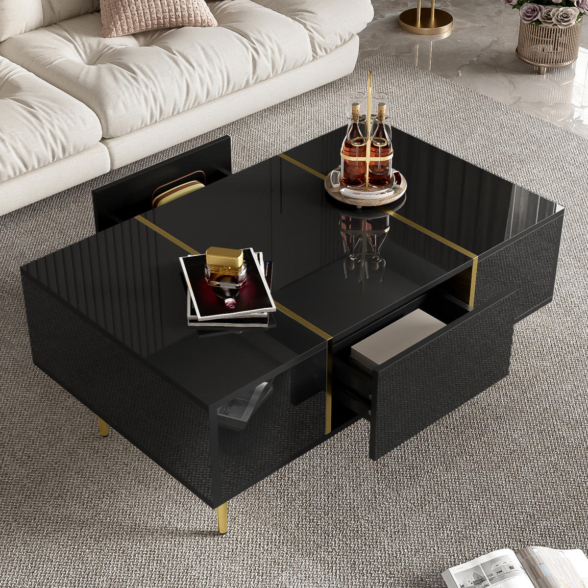 COUCHTISCH mit 2 Schubladen 100 x 60 cm MDF Schwarz Hochglanz - Schwarz, Metall (100/60/41.5cm) - Meubliv