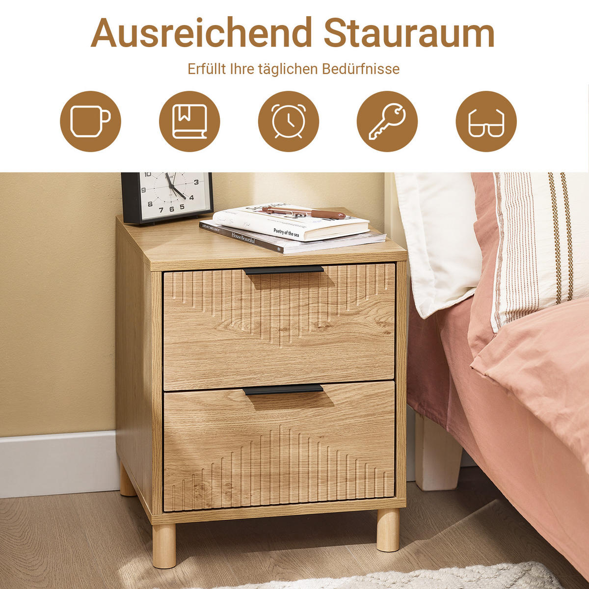 NACHTTISCH mit 2 Schubladen, Natur - Naturfarben, Holzwerkstoff (40/47/42cm) - SoBuy