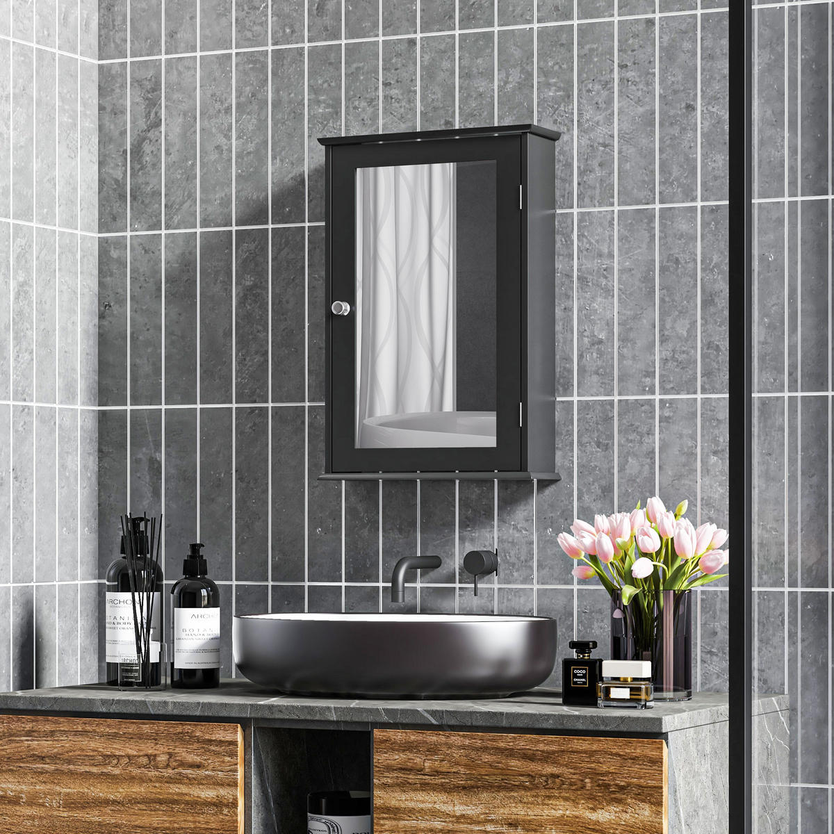 SPIEGELSCHRANK Spiegelschrank mit Spiegel und Magnetverschlusstür, 41 x 14 x 60 cm ,Schwarz - Schwarz, Glas (41/60/14cm) - Vallsero