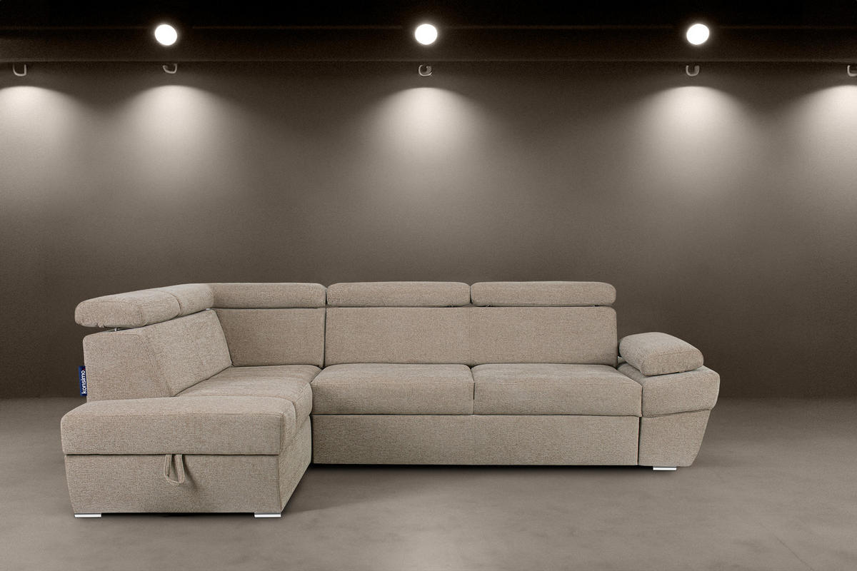 SCHLAFECKSOFA RATLO links 4/5-Sitzer mit Bettkasten, dunkelbeige - Beige/Silberfarben, Textil (270/190cm) - KONSIMO®