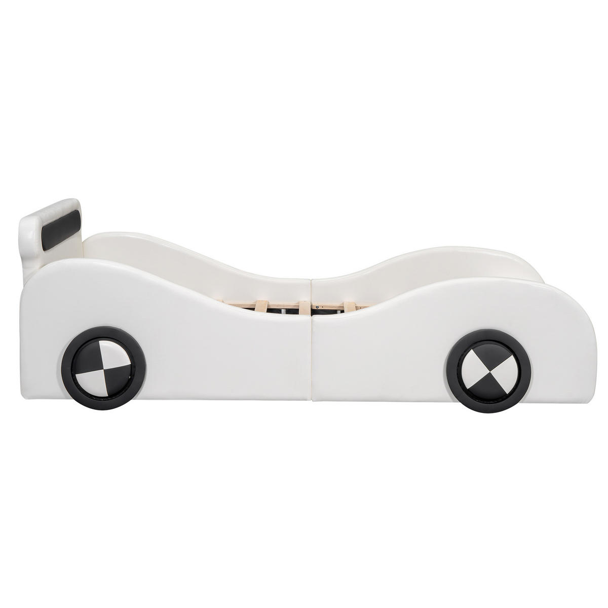 POLSTERBETT 90x200cm Weiß PU Autobett leuchtende Räder Stauraum - Weiß, Holz - FLIEKS