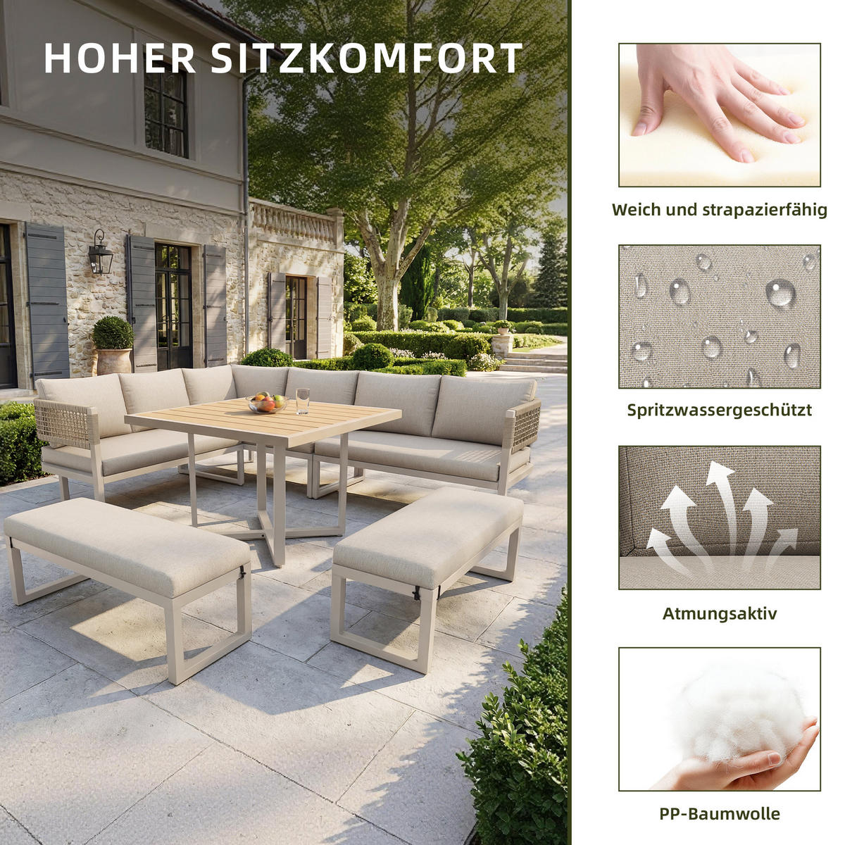 GARTENLOUNGESET für 8–10 Personen mit großem Esstisch in Holzoptik - Beige, Metall - ComfortXL