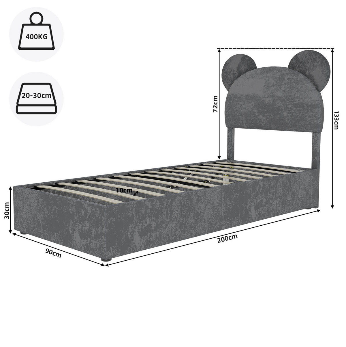 POLSTERBETT 90/200 cm grau aus Stoff und Metall mit Stauraum - Grau, Textil (90/200cm) - OKWISH
