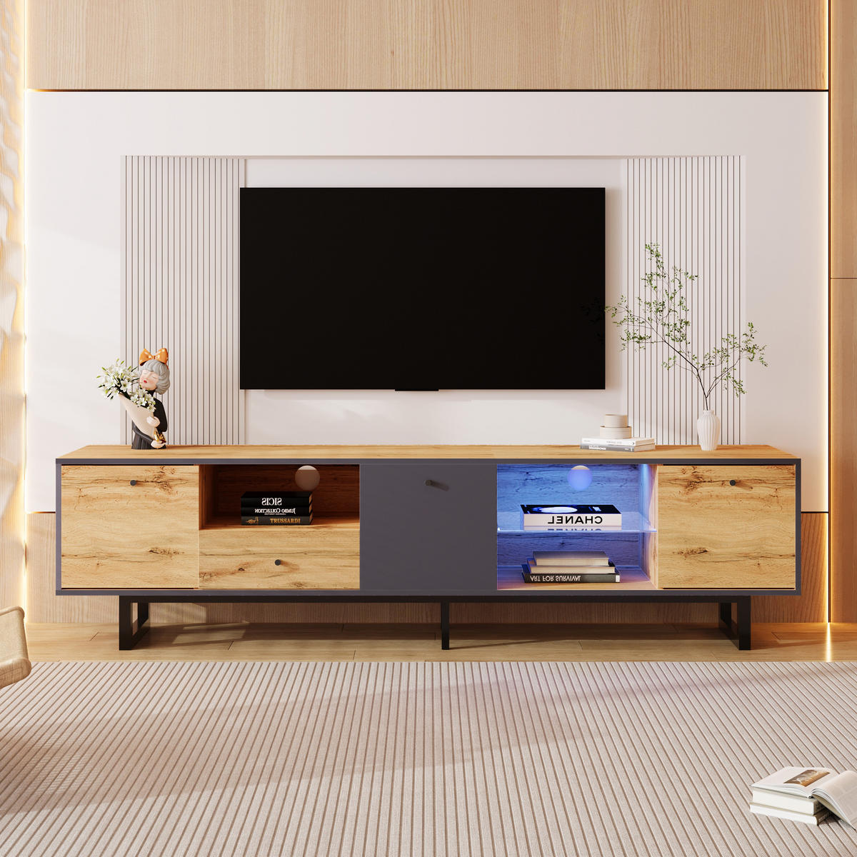TV Lowboard LED, Fächer, Schublade, Holz Metall - Braun, Holz (190/50/40cm)