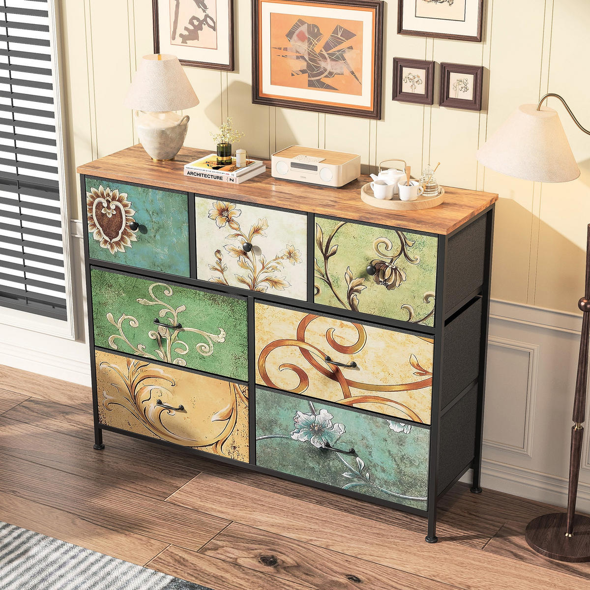 KOMMODE mit 7 Schubladen - 100x30x78cm - Faltbare Stoffschubladen im Vintage-Stil & Verstellbare Füße - Retro-Muster Mehrfarbig - Multicolor, Metall (30/78/100cm) - DELFA