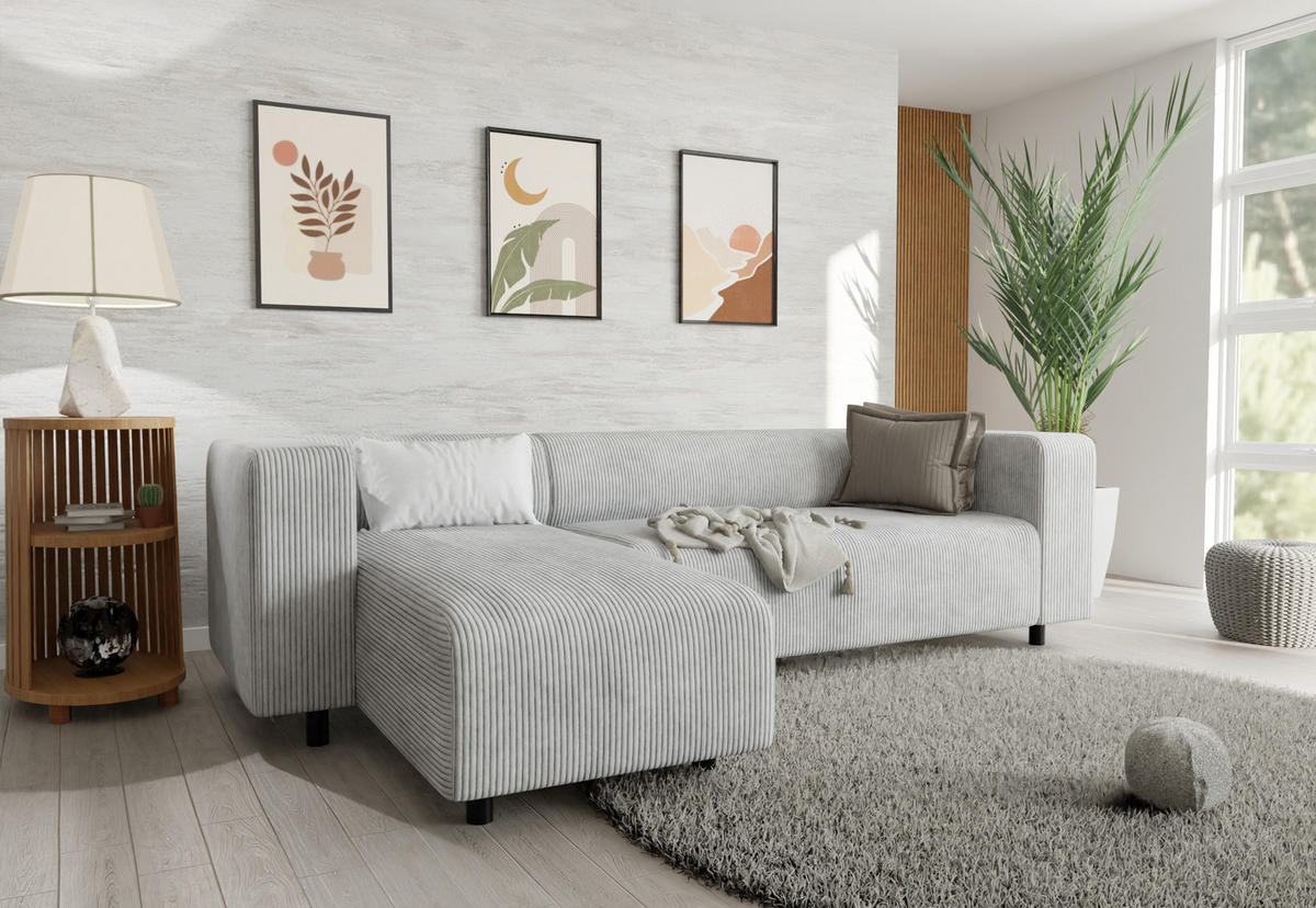 ECKSOFA Tove Hellgrau Cord - Ottomane links - Hellgrau/Schwarz, Holz/Kunststoff (240/142cm) - S-Style Möbel