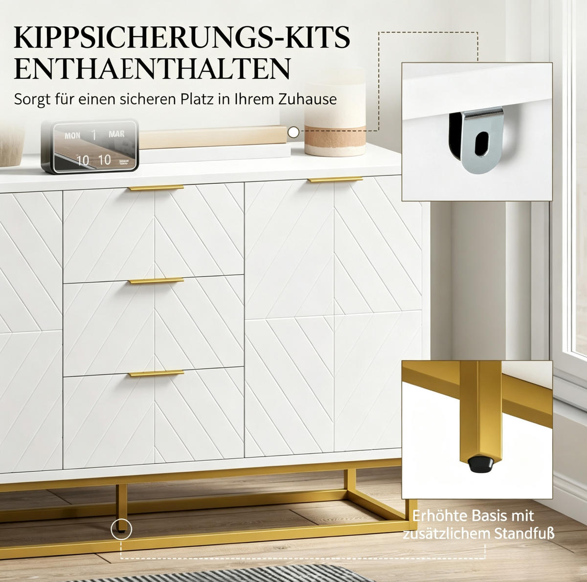 SIDEBOARD in Weiß und Gold 120x40x76 cm mit 2 Türen und 3 Schubladen - Weiß, Holzwerkstoff (40/76/120cm) - IVMEU
