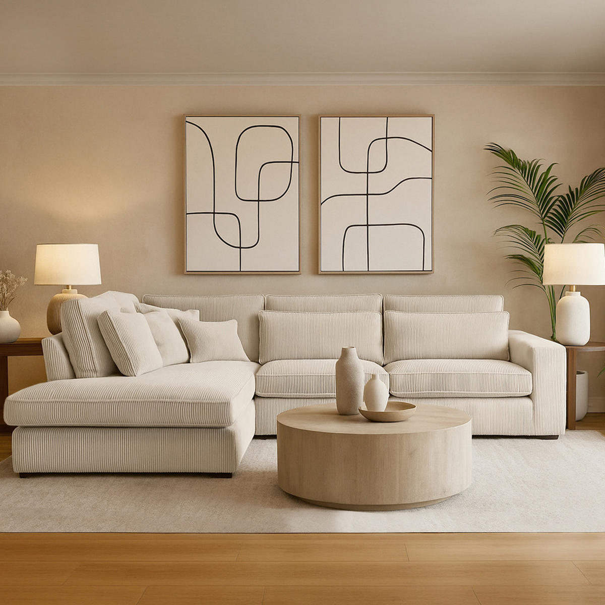 ECKSOFA Parma ohne Schlaffunktion, Cord-Stoff, Creme, Links - Beige/Schwarz, Textil (314/224cm) - Beautysofa