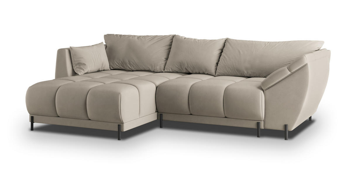 ECKSOFA VESTANO L-S Beige Velours-Stoff mit Schlaffunktion - Beige, Holz (287/182cm) - MASSENO