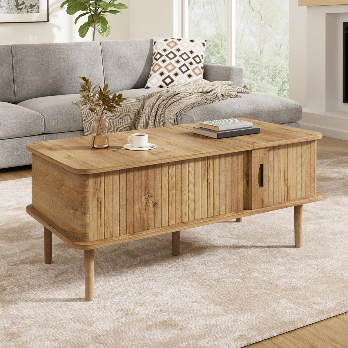 COUCHTISCH höhenverstellbar mit Schiebetür und Rillenoptik - Naturfarben, Holzwerkstoff (48/100/55.5cm) - FLIEKS
