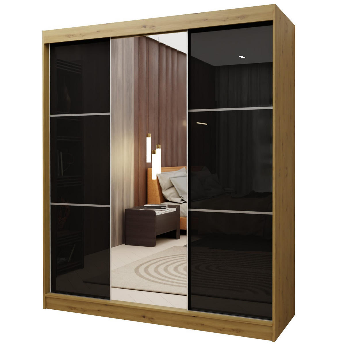 SCHWEBETÜRENSCHRANK VITALE 180/216/61 cm 3-türig mit Spiegel Eiche Artisan - Schwarz/Eiche Artisan, Holzwerkstoff (180/216/61cm) - MASSENO