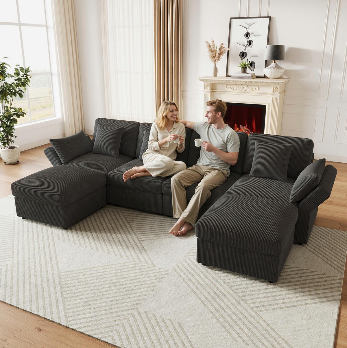 ECKSOFA 290/159,5/89 cm grau aus Cord mit verstellbaren Armlehnen und 2 Hockern - Grau, Textil (159.5/290cm) - OKWISH