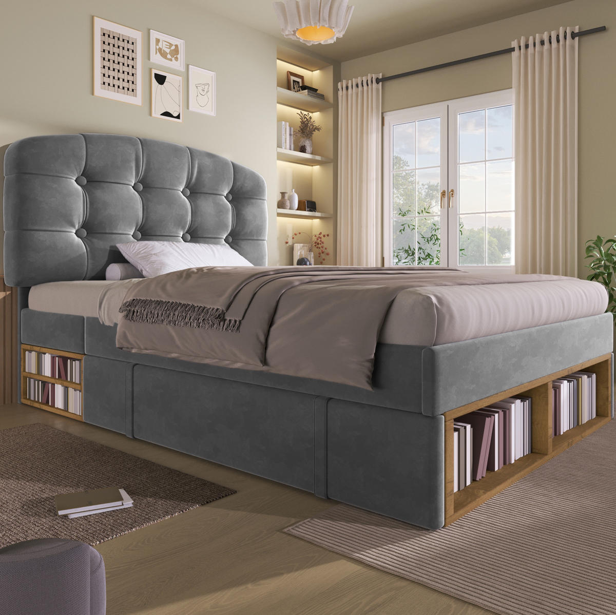 BETT mit Schubladen und Stauraum 90x200 cm Samt Grau - Grau, Metall (90/200cm) - Meubliv