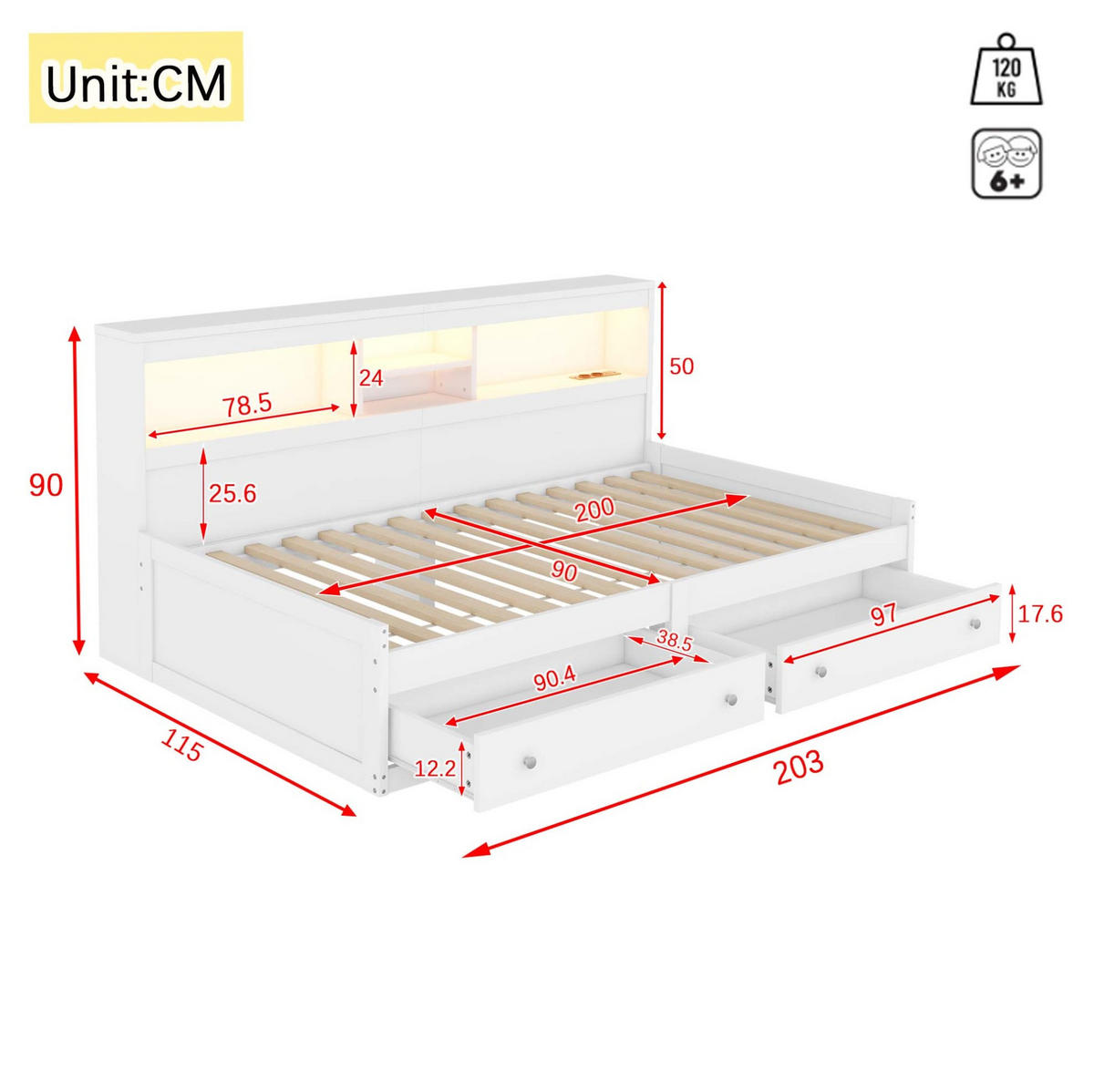 POLSTERBETT 90/200 cm Weiß aus Spanplatte mit LED-Beleuchtung und USB-Anschluss - Weiß, Holzwerkstoff (90/200cm) - OKMYHOME