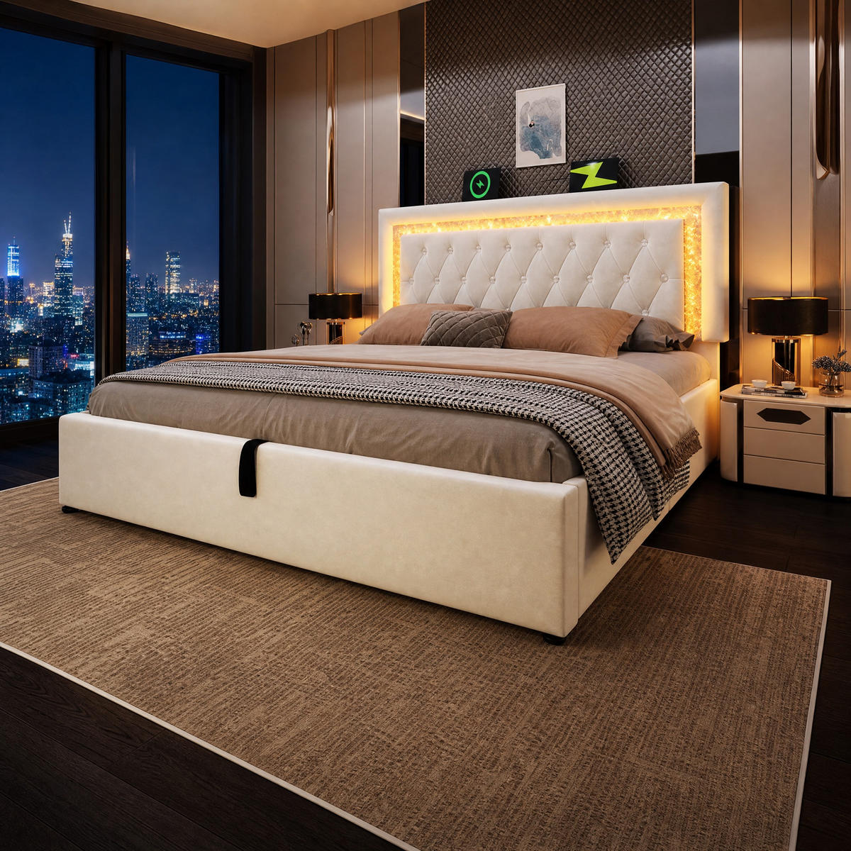 POLSTERBETT 180/200 cm in Beige mit Bettkasten, LED und USB/Type-C Samt mit Rautensteppung - Beige, Holzwerkstoff/Textil (180/200cm) - STILVORA