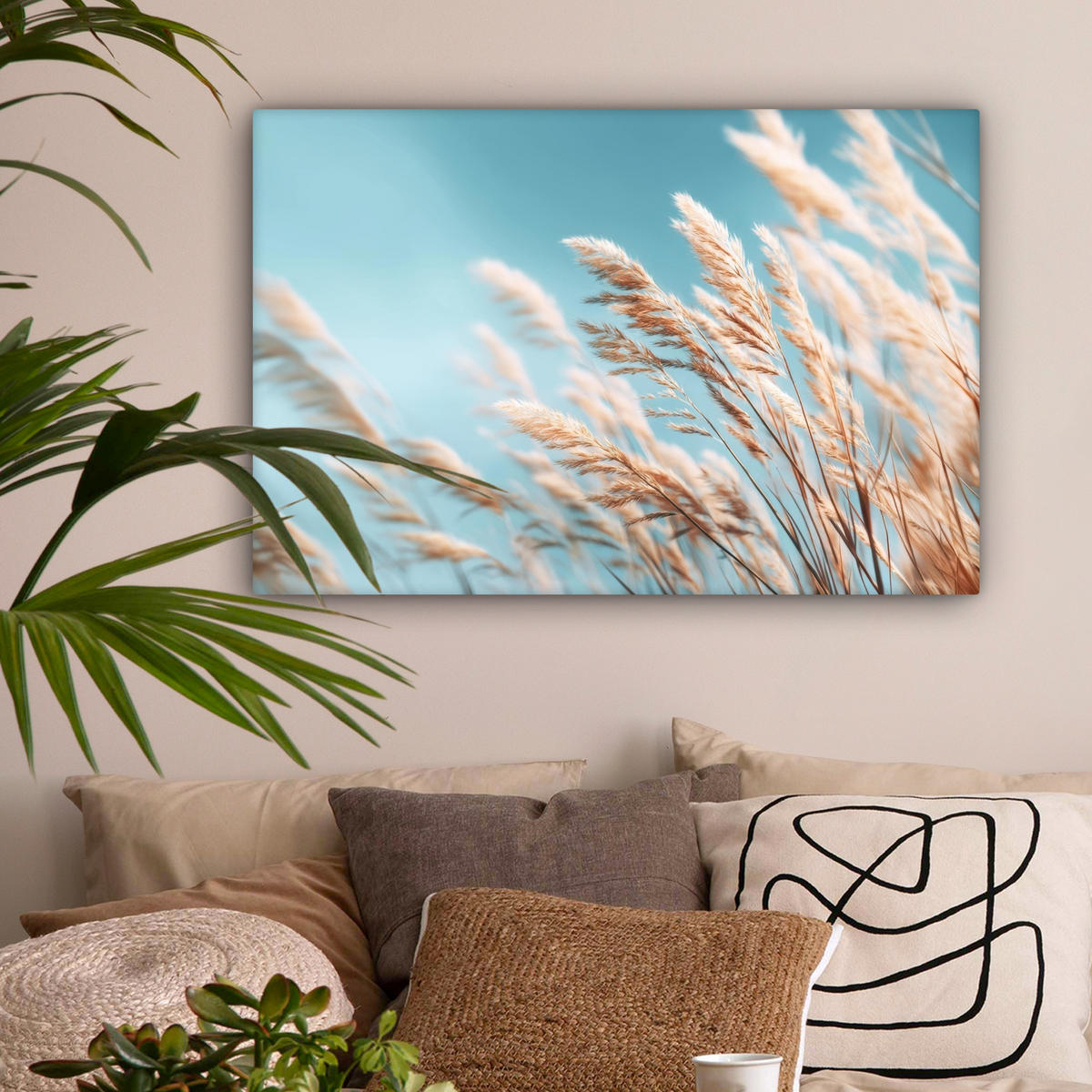 LEINWANDBILD Ziergras - Wind - Hellbraun Gemälde 60x40 cm - Hellblau, Textil (60/40cm) - MuchoWow