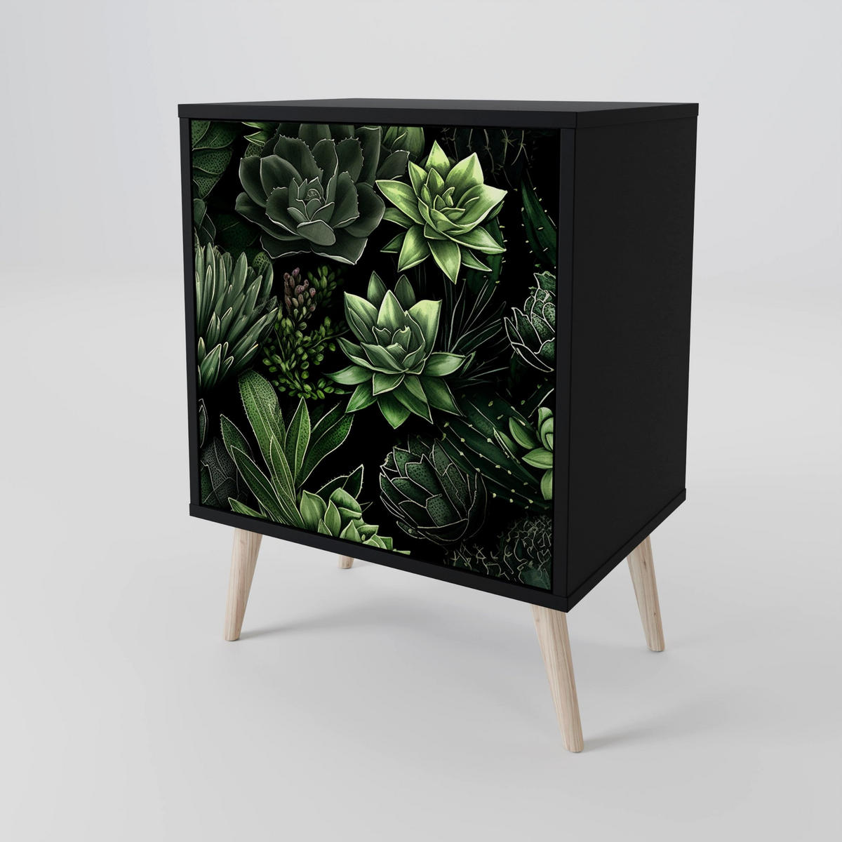SIDEBOARD SUCCULENT JUNGLE, Schwarz, 57,5x42x67,5 cm, Schwarze Metall-Rahmenfüße - Multicolor/Schwarz, Holzwerkstoff/Metall (57.5/67.5/42cm) - SpaceRebels