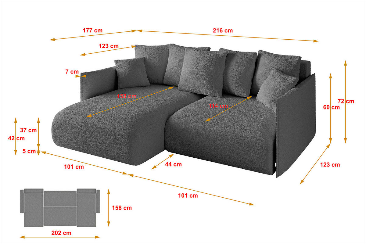 ECKSOFA mit Schlaffunktion und Bettkasten ONESK-L 216x177x72 Grau Bouclé - Platinfarben/Grau, Holzwerkstoff/Kunststoff (216/177cm) - ALTDECOR