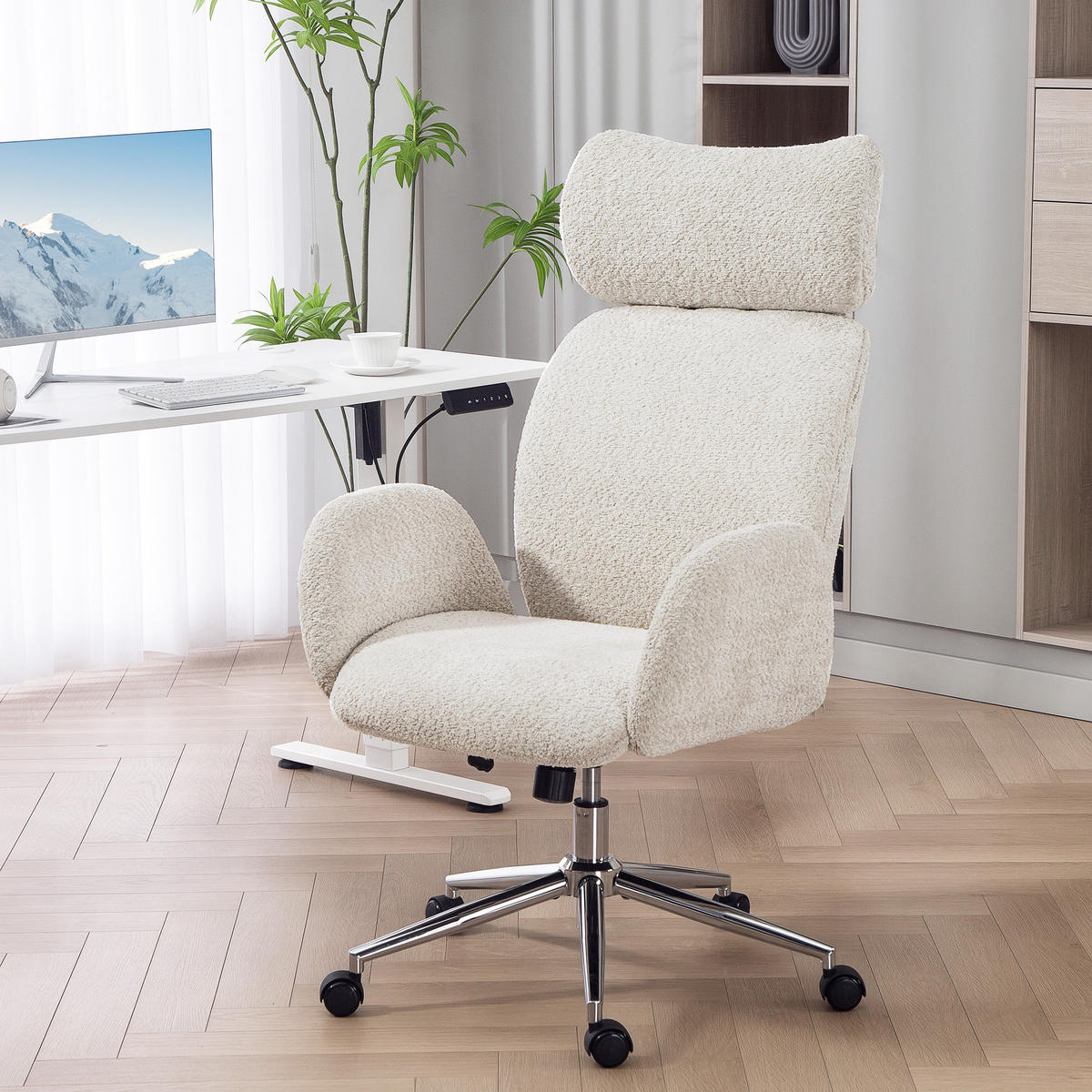 SCHREIBTISCHSTUHL Höhenverstellbar Homeoffice Stuhl mit Armlehne, Grauweiß - Silberfarben/Hellgrau, Textil/Metall (65/123/75cm) - HOMCOM