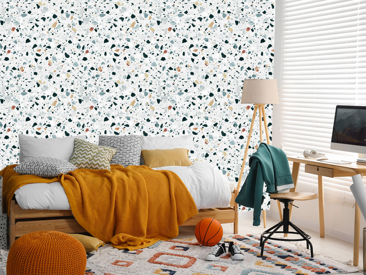 VLIESTAPETE Terrazzo-Muster – Grün, Beige, Weiß – 50x1000 cm - Beige/Weiß, Papier (50/1000cm) - Muralo