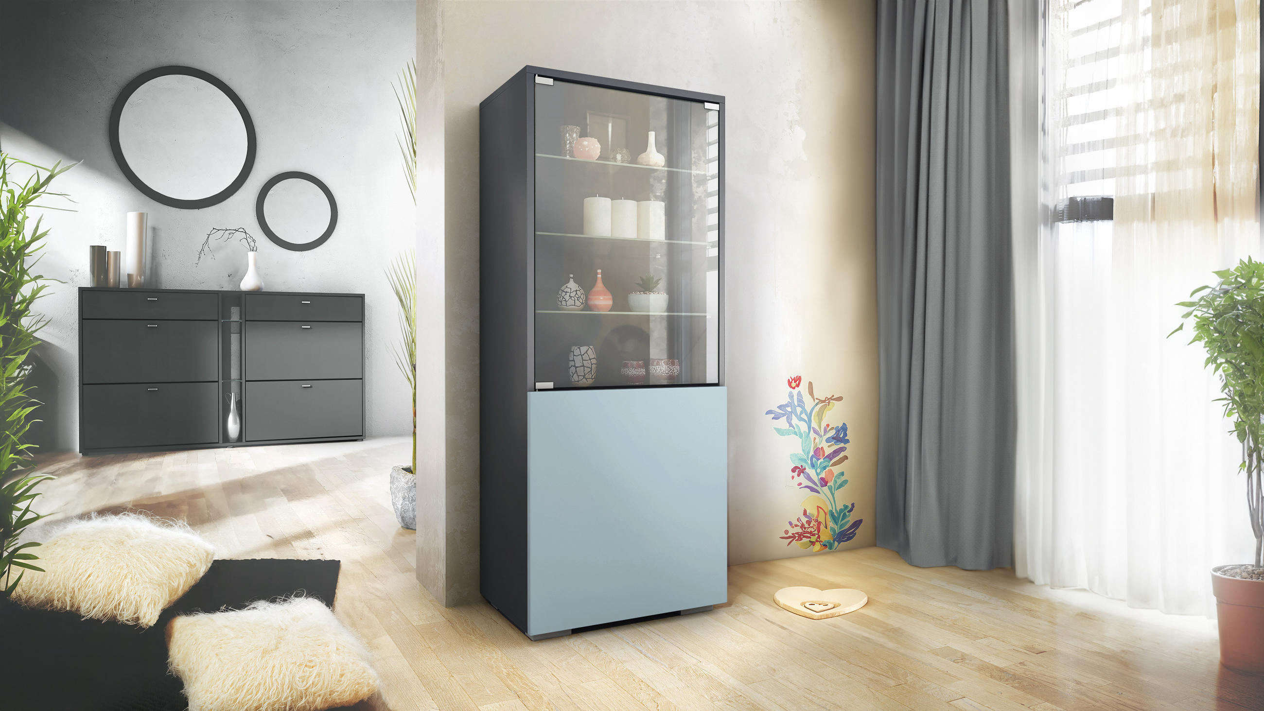 VITRINE Granada Denim matt - Pastellblau, Holzwerkstoff (50/122.5/34.5cm) - Vladon