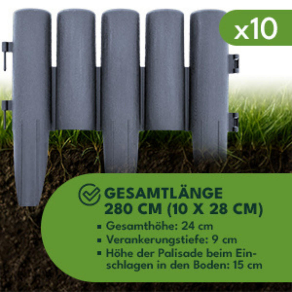 RASENKANTE 10-er Set Kunststoff Grau - Grau, Kunststoff (5/15/28cm) - KRUMAD