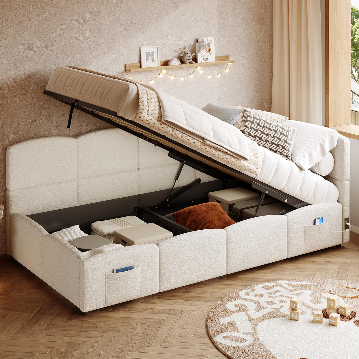 POLSTERBETT 90/200 cm Beige aus Bouclé mit Stauraum und USB- und Type-C-Anschlüssen - Beige, Textil (90/200cm) - Flora Grace