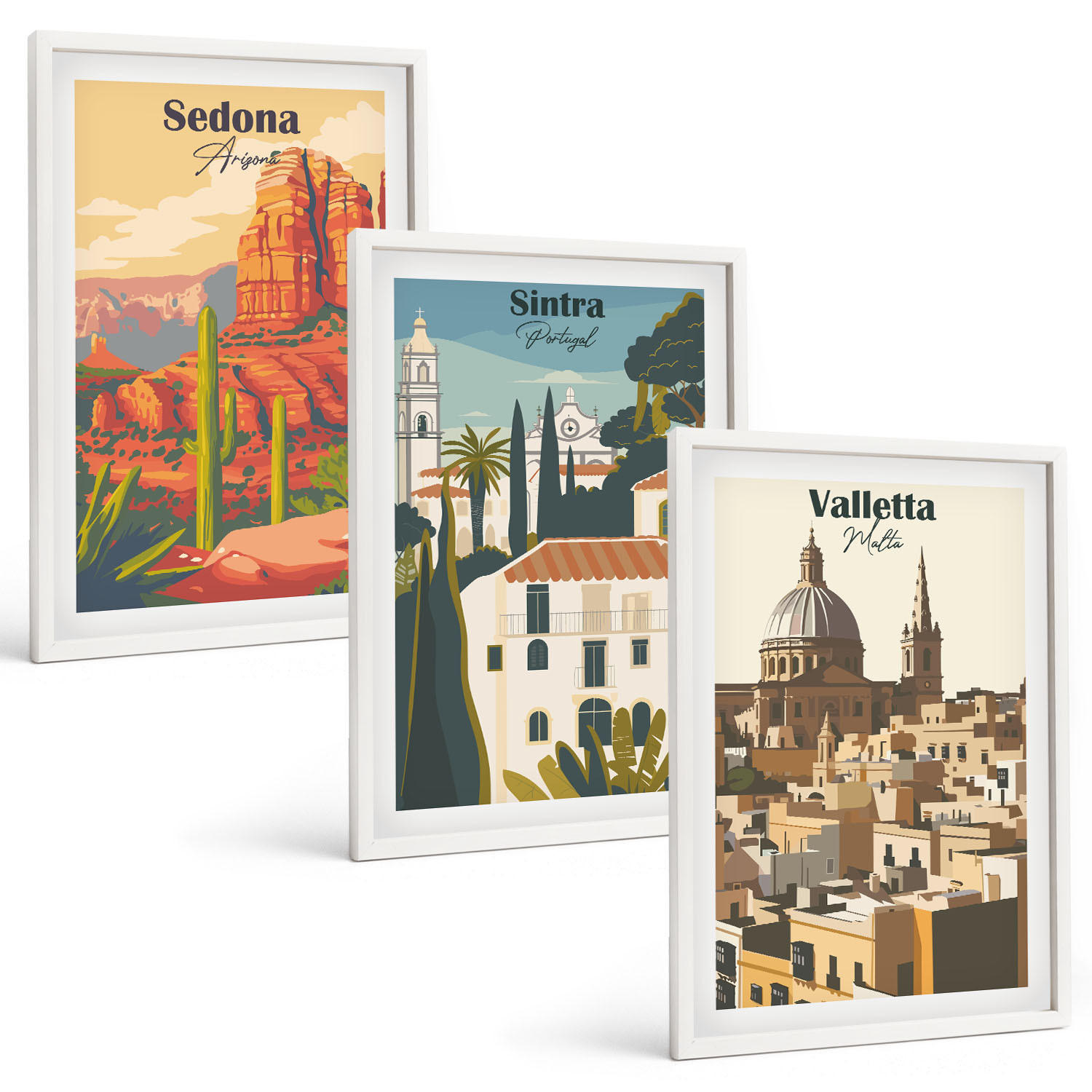 BILDER SET 3er Set - 40x60 cm Weißer Rahmen - Ansichten Sedona Sintra Valletta Retro - Weiß, Kunststoff (40/60cm) - TULUP