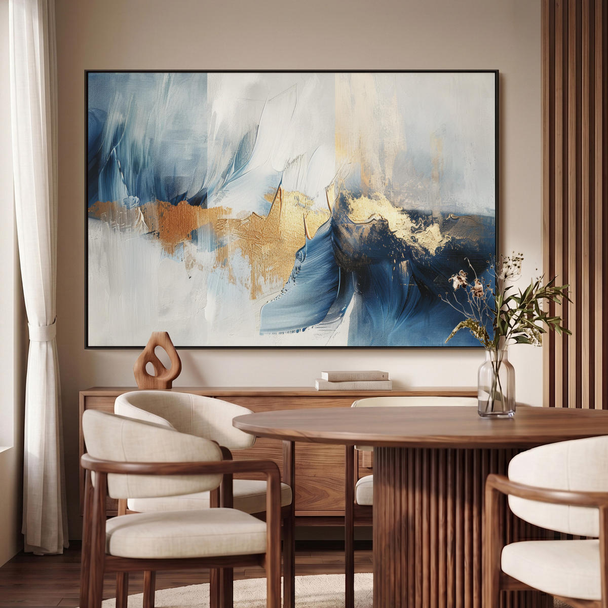 LEINWAND Bilder mit Rahmen - Gold - Blau - Aquarell - Kunst - Modern - 120x80 - Hellblau, Textil (120/80cm) - MuchoWow