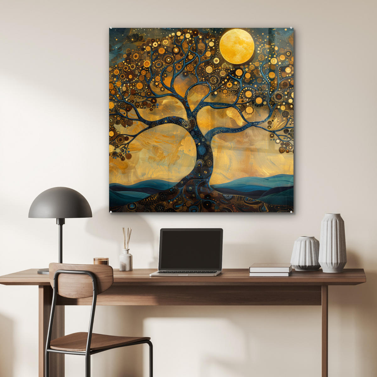 ACRYLGLASBILD Baum - Mond - Blumen - Gold - Kunst 90x90 cm - Orange, Glas (90/90cm) - MuchoWow