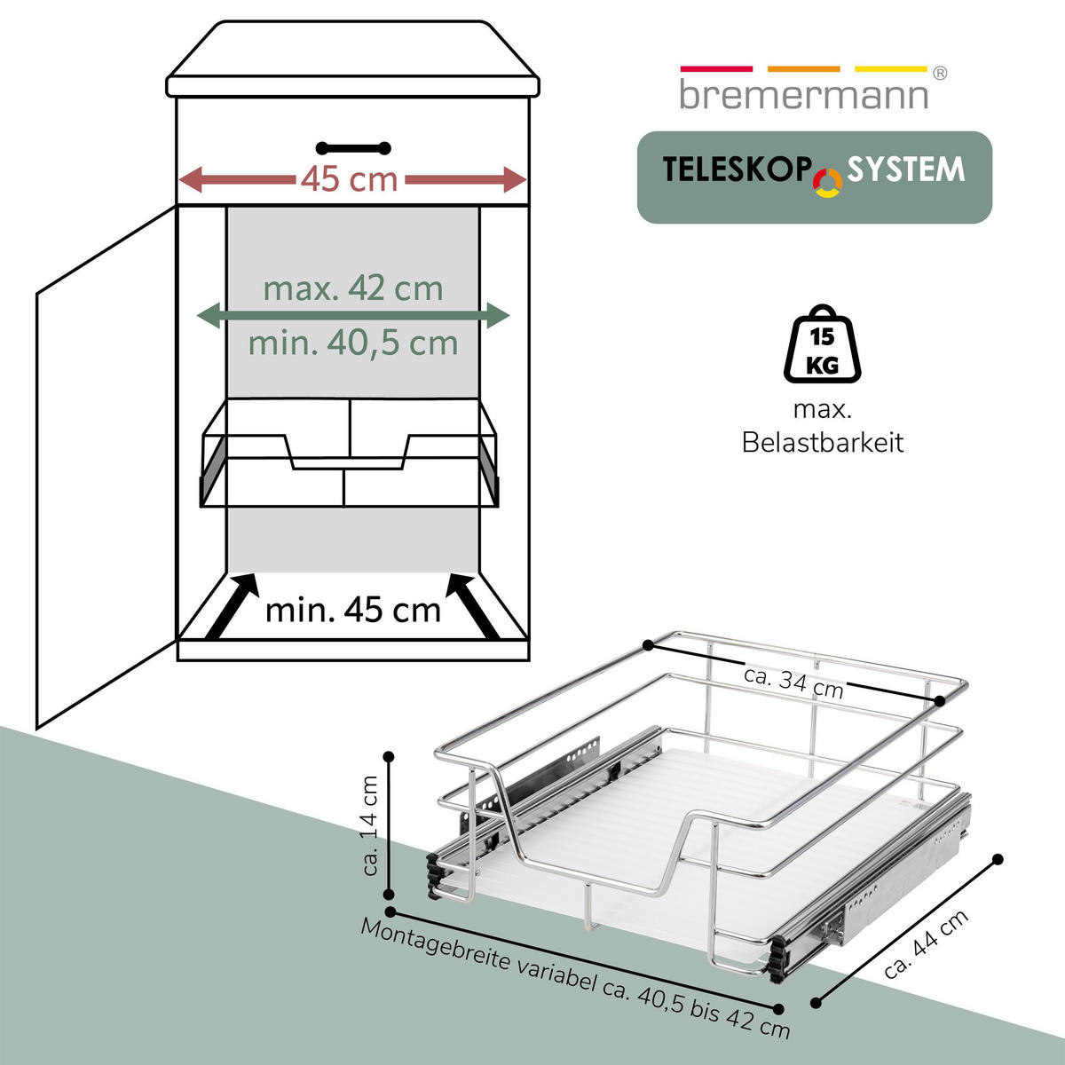 TELESKOPSCHUBLADE 45 cm, silber, Metall - Chromfarben, Metall (42/14/44cm) - bremermann