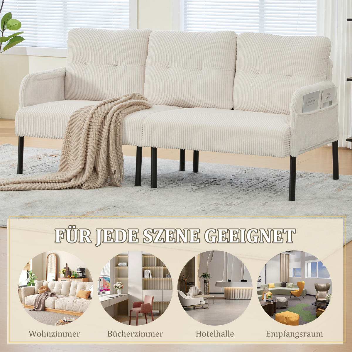 3-SITZER Sofa mit Seitentaschen, Metallgestell & Leinenstoff, 171cm, Beige - Beige/Schwarz, Textil/Metall (171/80/72cm) - LVHOM