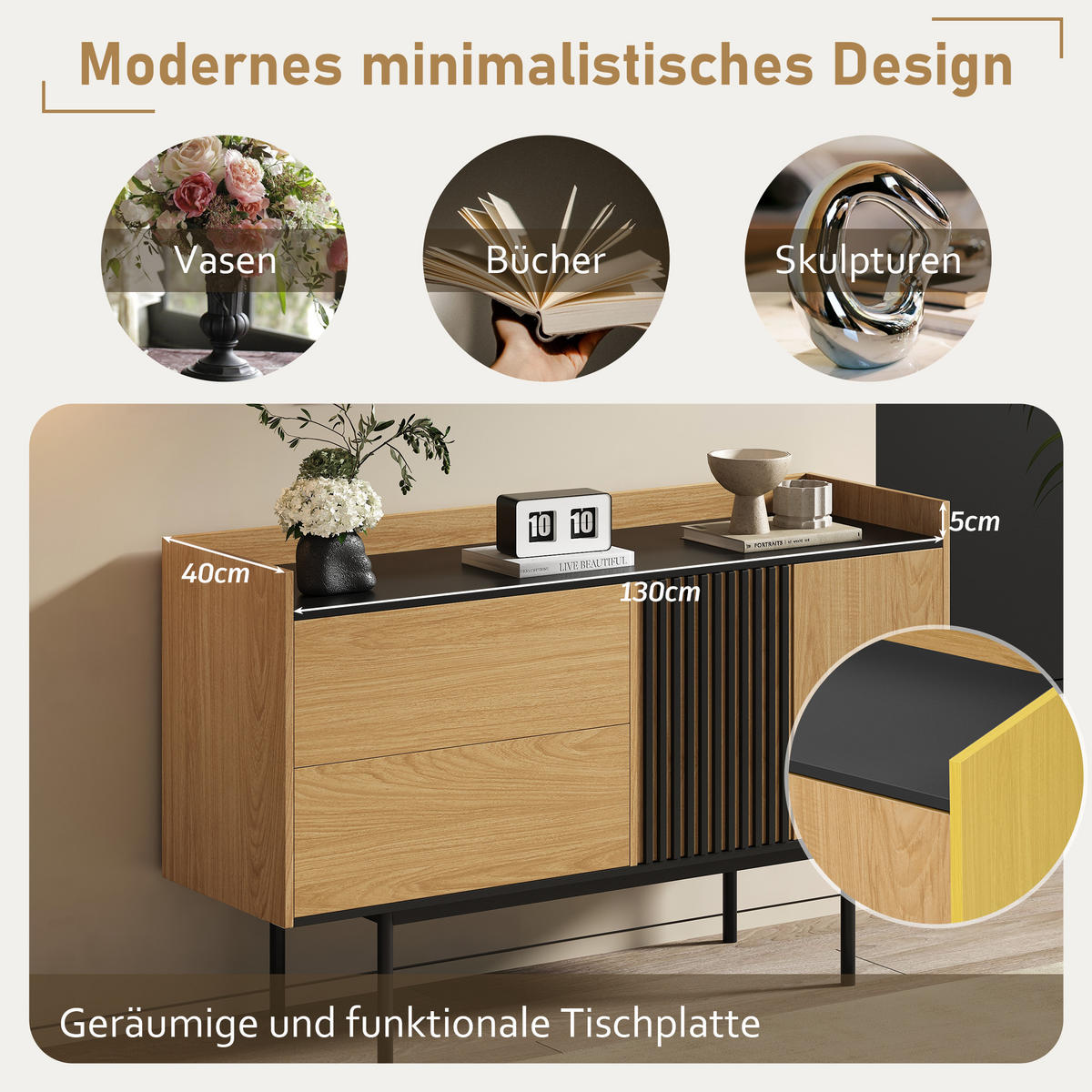 SIDEBOARD - und Schwarzholz 130/40/80.5 cm - Braun, Holzwerkstoff (40/80.5/130cm) - Urban Meuble