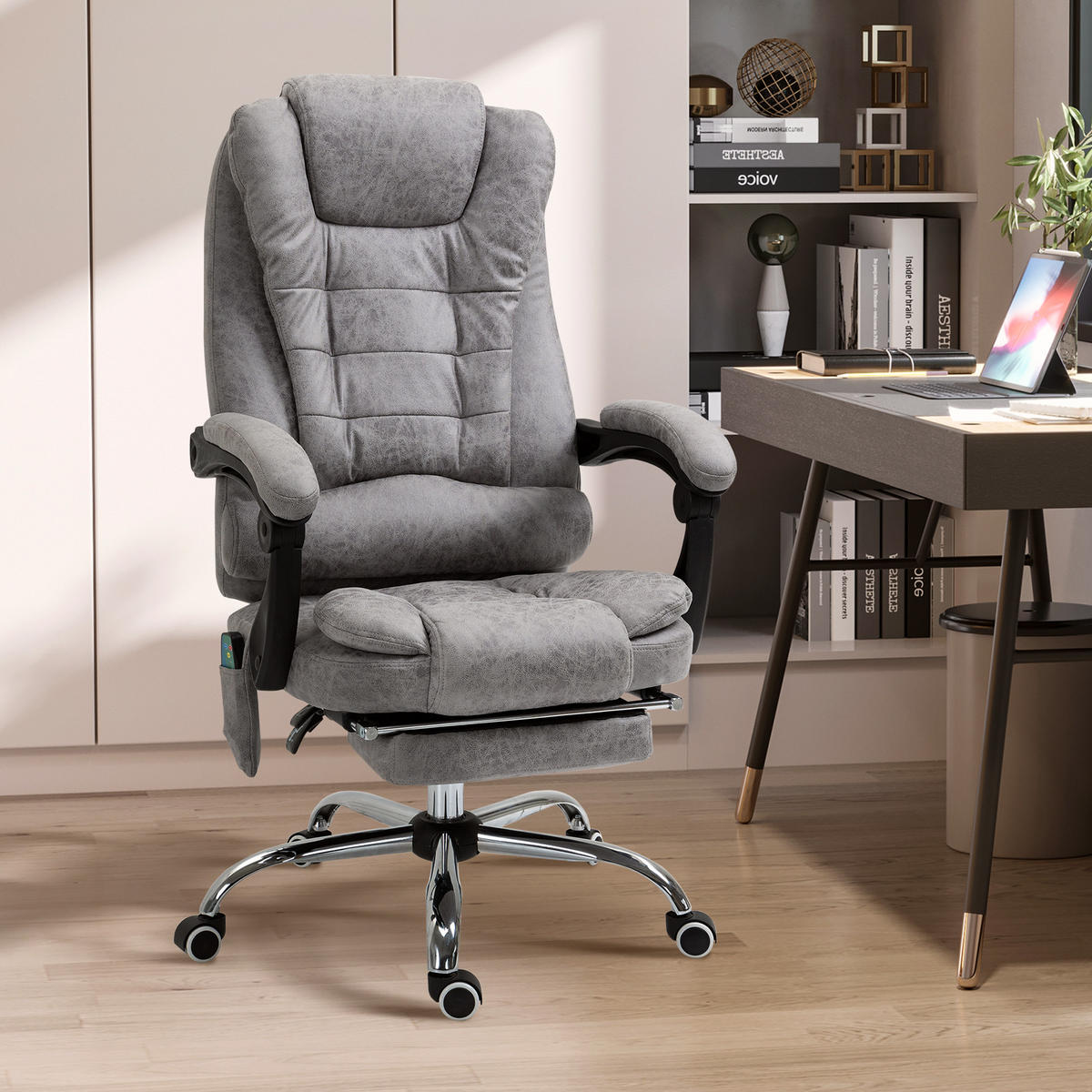 CHEFSESSEL mit Massagefunktion, Schreibtischstuhl mit Liege- & Wärmefunktion Grau - Anthrazit/Silberfarben, Kunststoff/Textil (70/119/65cm) - Vinsetto