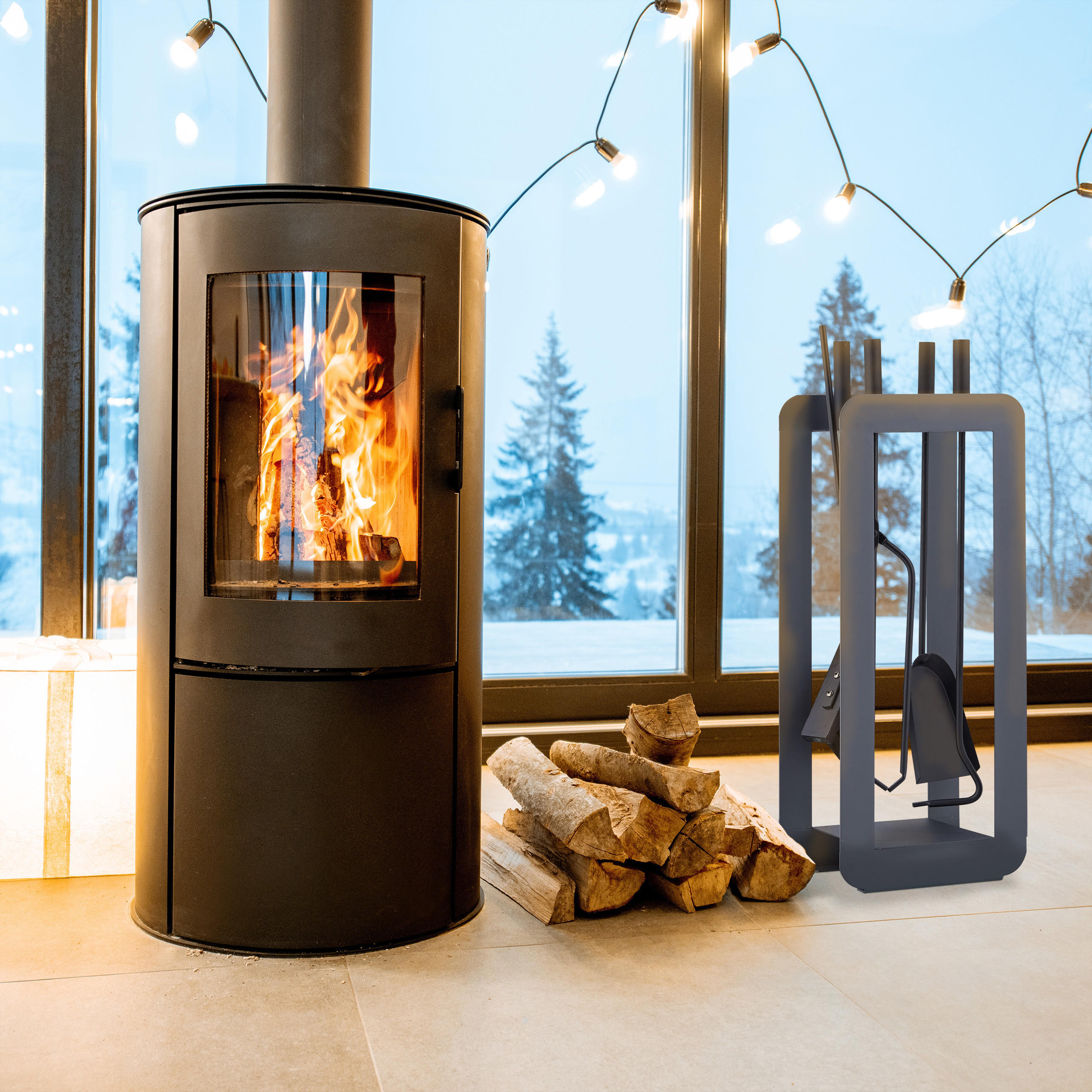 Thumbnail - Relaxdays 5-Tlg.kaminbesteck-Set, Grau, Metall, 22.5x60x16 cm, Kleinmöbel, Kamine & Zubehör, Holzkörbe & Zubehör