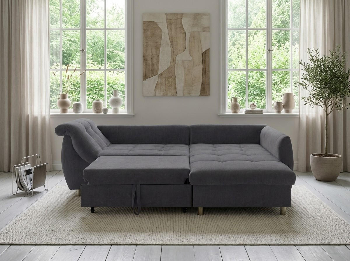 ECKSOFA mit Schlaffunktion, Bettkasten, Wellenunterfederung, Ottomane rechts B250/T190/H84 cm, Liegefl. 179x190 cm, Mikrofaser Anthrazit / 17005 - Chromfarben/Anthrazit, Textil/Metall (250/190cm) - luma-home