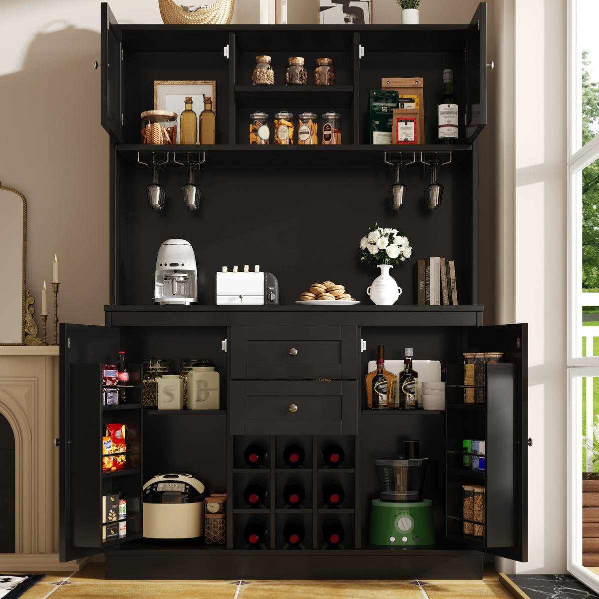 KÜCHENSCHRANK mit Weinregal 120 x 40 x 188 cm MDF Schwarz - Schwarz, Holzwerkstoff (40/188/120cm) - Meubliv