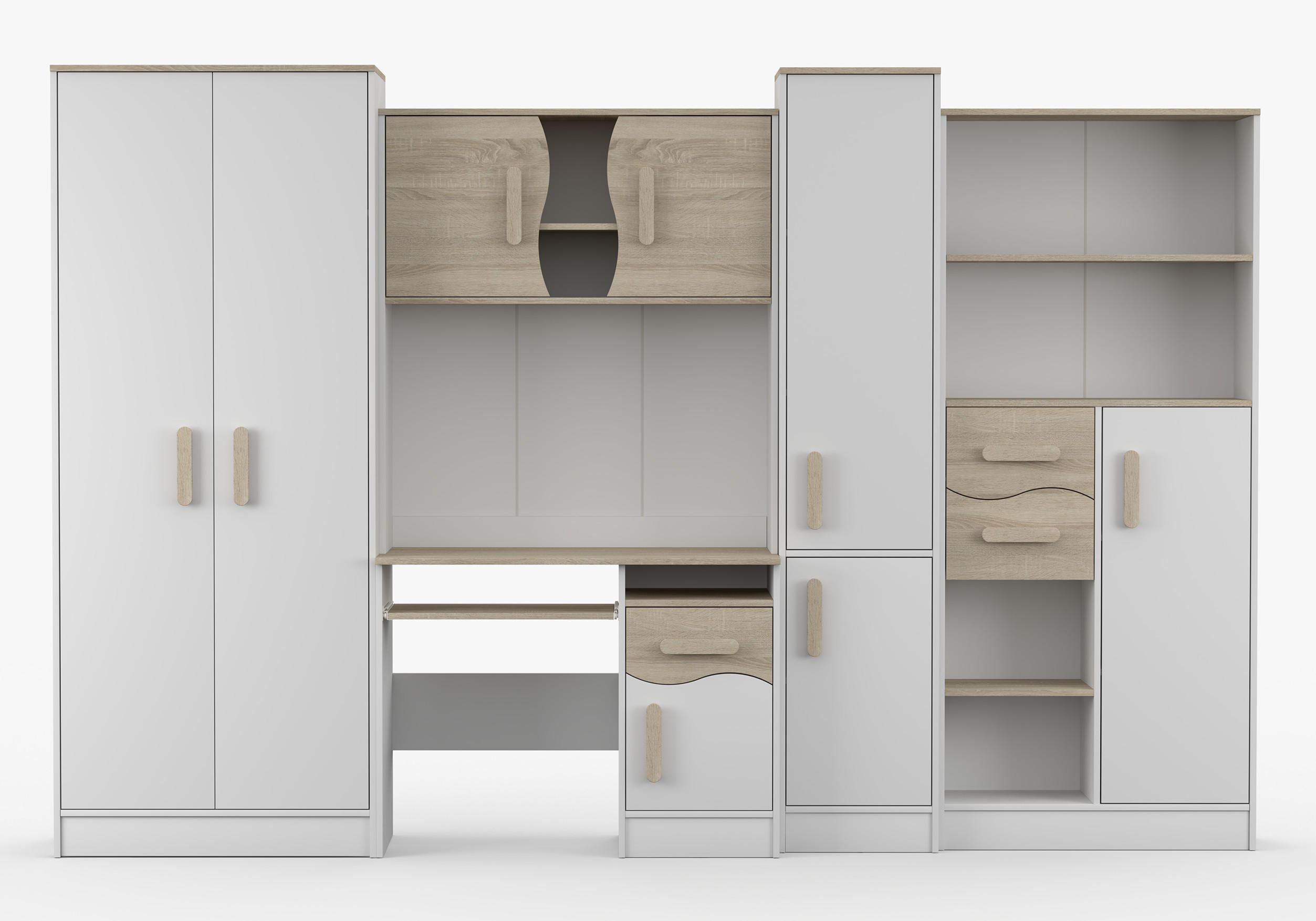 JUGENDZIMMER Wohnwand Colorino in Weiß und Eiche Sonoma – mit Eiche Sonoma Griffen 5 teilig - Kinderzimmer Komplett - Weiß, Holzwerkstoff (80/200/120cm)