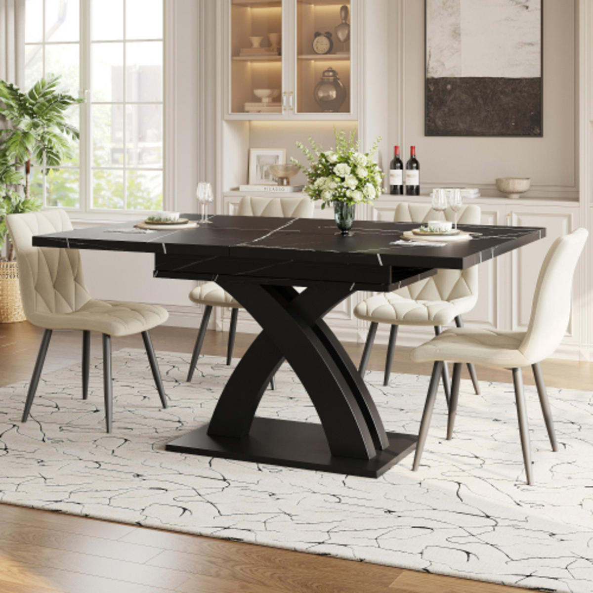 ESSTISCH 120-160×80×76 cm Ausziehbarer aus MDF und Metall mit X-förmigen Metallstreben, schwarz-weiße Musteroptik - Schwarz, Holzwerkstoff (160/80/76cm) - Luhomfu