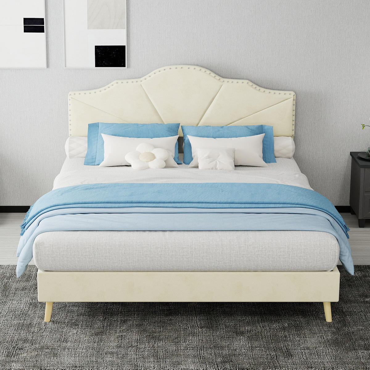 POLSTERBETT 140/200 cm mit Matratze, geometrischem Kopfteil und Lattenrost, Beige - Beige, Textil (140/200cm) - Redom