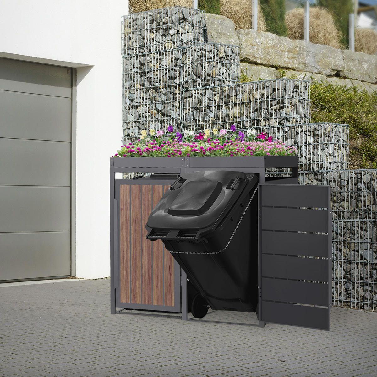 MÜLLTONNENBOX 2er mit Pflanzdach 240L Anthrazit-Holzoptik aus Stahl - Dunkelbraun, Metall (80/124/132cm) - ML-DESIGN