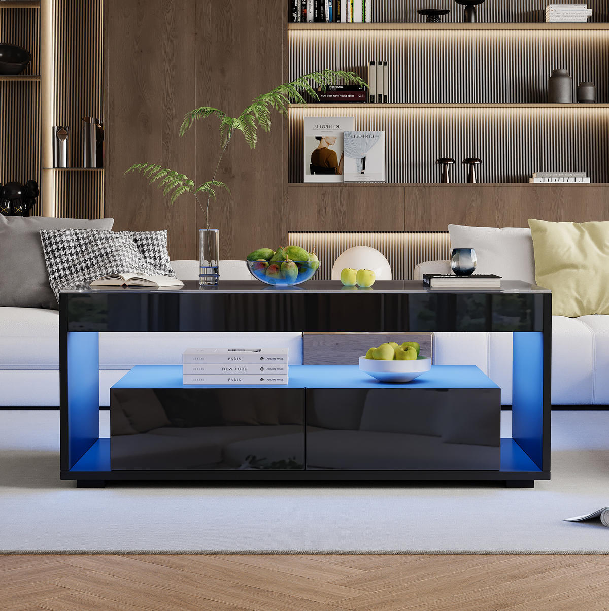 KONFERENČNÍ stolek 100/50/40 cm s LED osvětlením, 2 zásuvkami a skleněnou deskou, černá - černá, kompozitní dřevo (100/50/40cm) - Redom