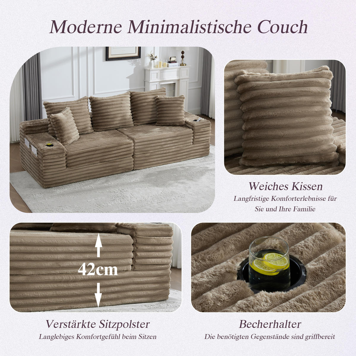 SCHLAFSOFA 273/98/87 cm Khaki mit beidseitigen Taschen und Getränkehaltern - Sandfarben, Textil (107.48/34.25/38.58cm) - Oxeza