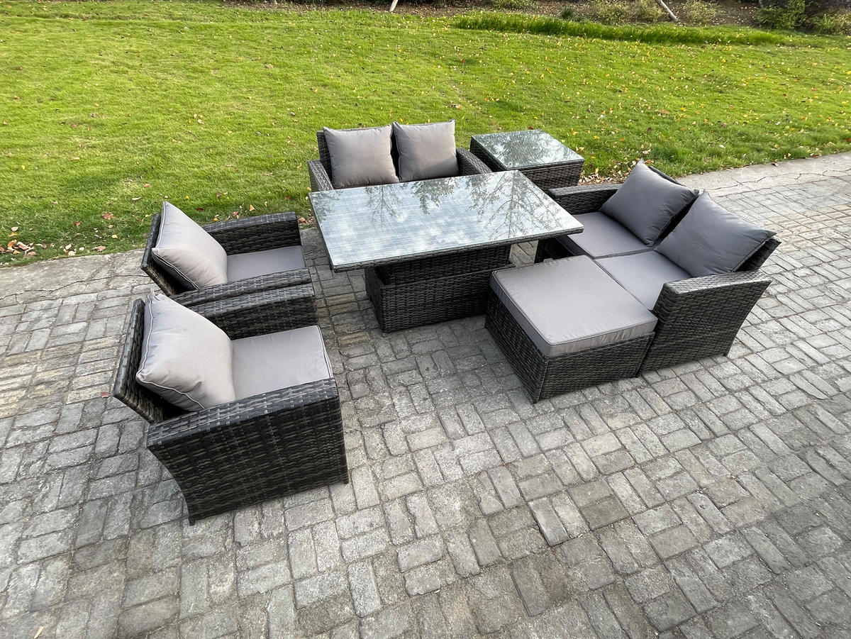 GARTENMÖBEL-SET HÖHENVERSTELLBARER ESSTISCH SOFA SET MIT DOPPELSITZ-SOFA BEISTELLTISCH HOCKER Polyrattan Dunkelgrau Gemischt 7-Sitzer - Dunkelgrau, Metall - Fimous