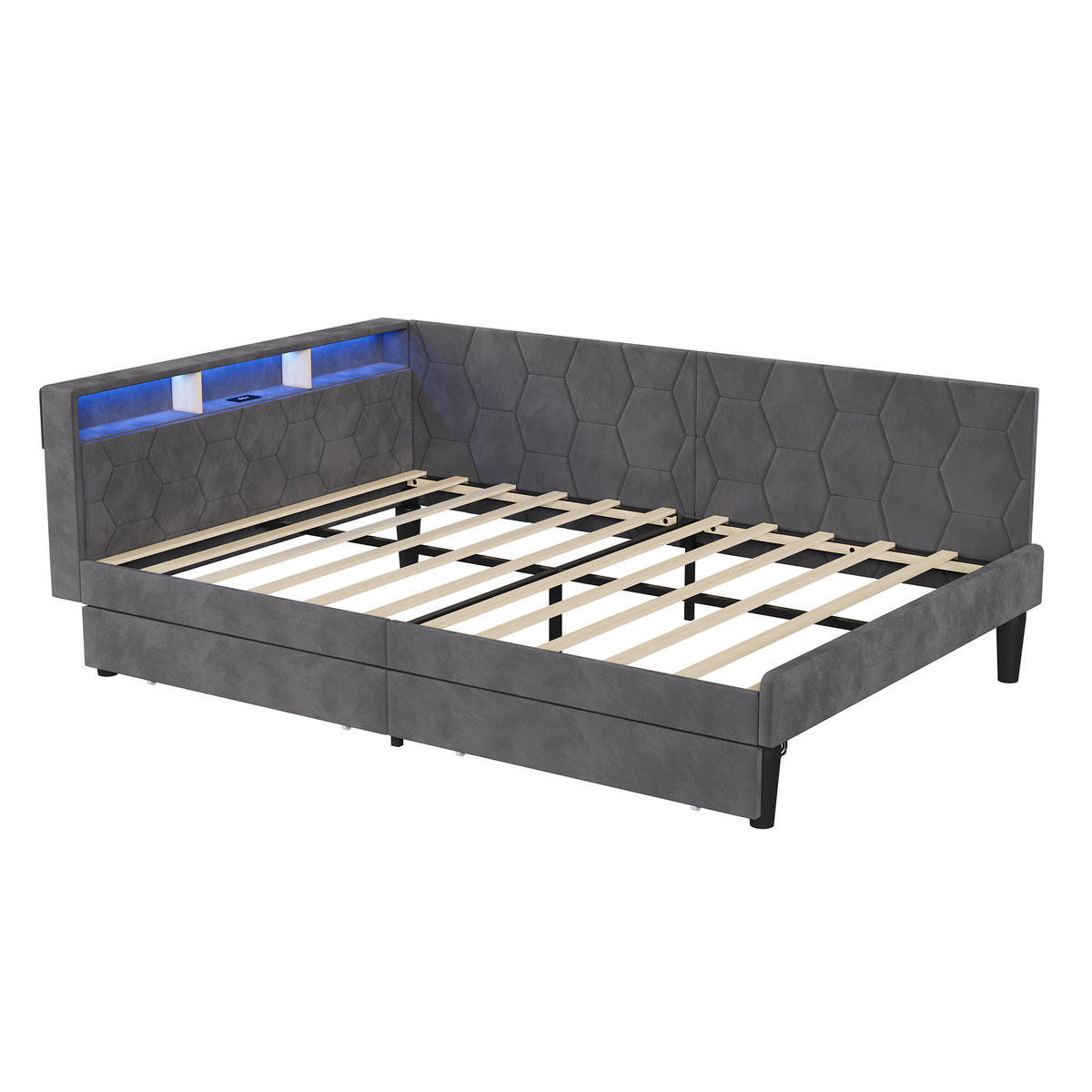 POLSTERBETT 140x200 cm Tagesbett mit 2 Schubladen, LED & USB, Doppelbett mit Kopfteil Stauraum, Grau - Grau, Metall (140/200cm) - EuroLiving
