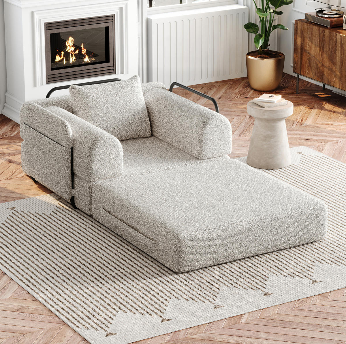 SCHLAFSOFA aus Chenille Khaki 2-in-1 mit Armlehnen-Staufach und Stahlrahmen - Naturfarben, Textil (94/49.5/181.6cm) - Modfu