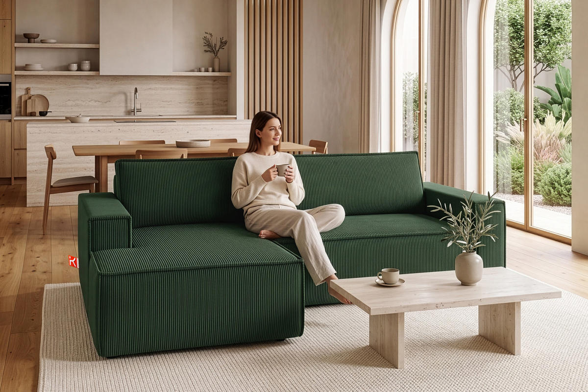 ECKSCHLAFSOFA-LINKS NAPI in Pet Friendly Cord-Stoff, dunkelgrün - Dunkelgrün/Schwarz, Textil (262/148cm) - KONSIMO®